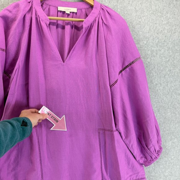 LOFT Purple Cutout Linen Blend Pocket Dress Tunic Womens Medium 3/4 Puff Sleeve - Picture 8 of 16